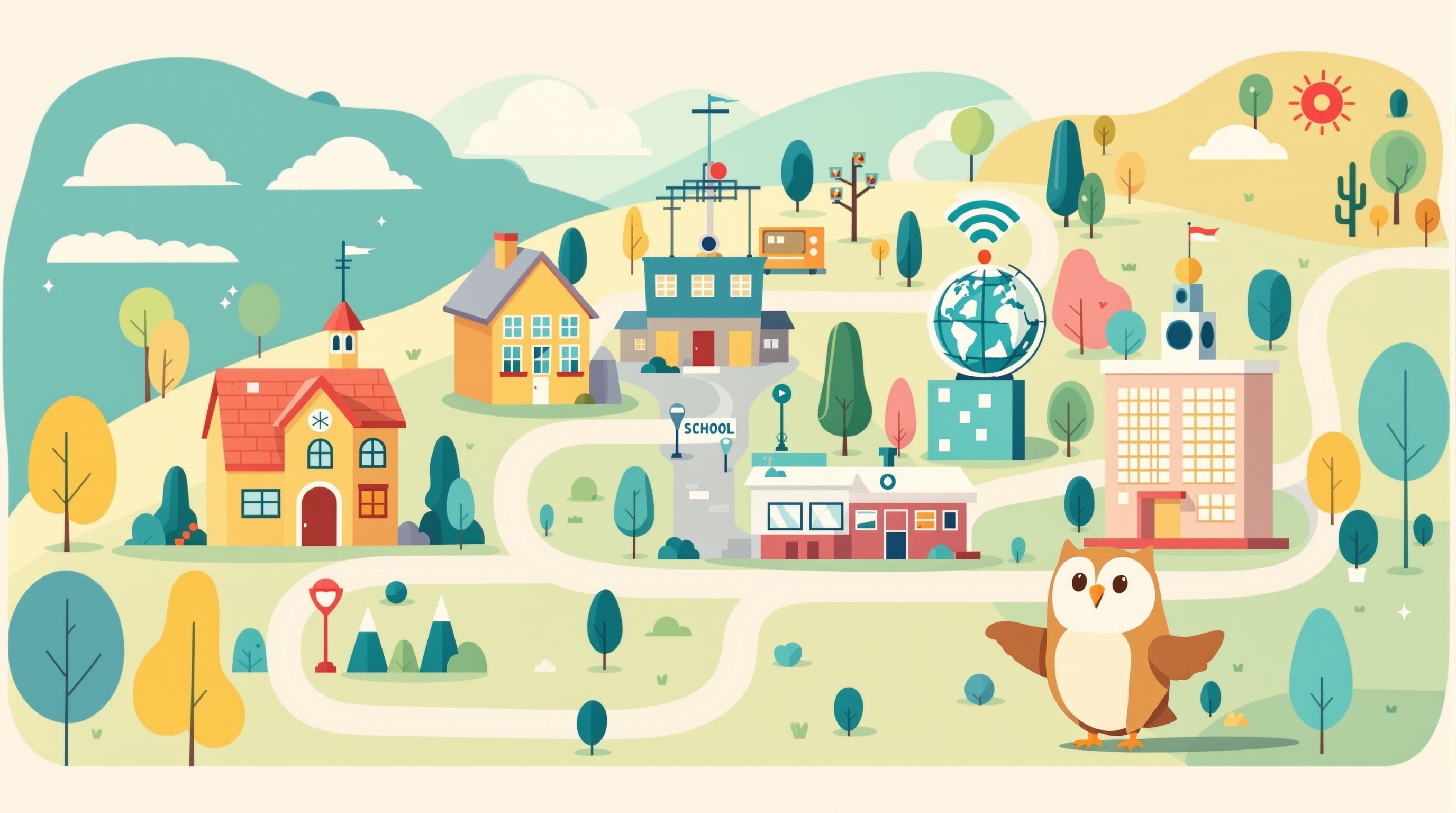 5つの場所があるバーチャルタウンの地図イラスト
