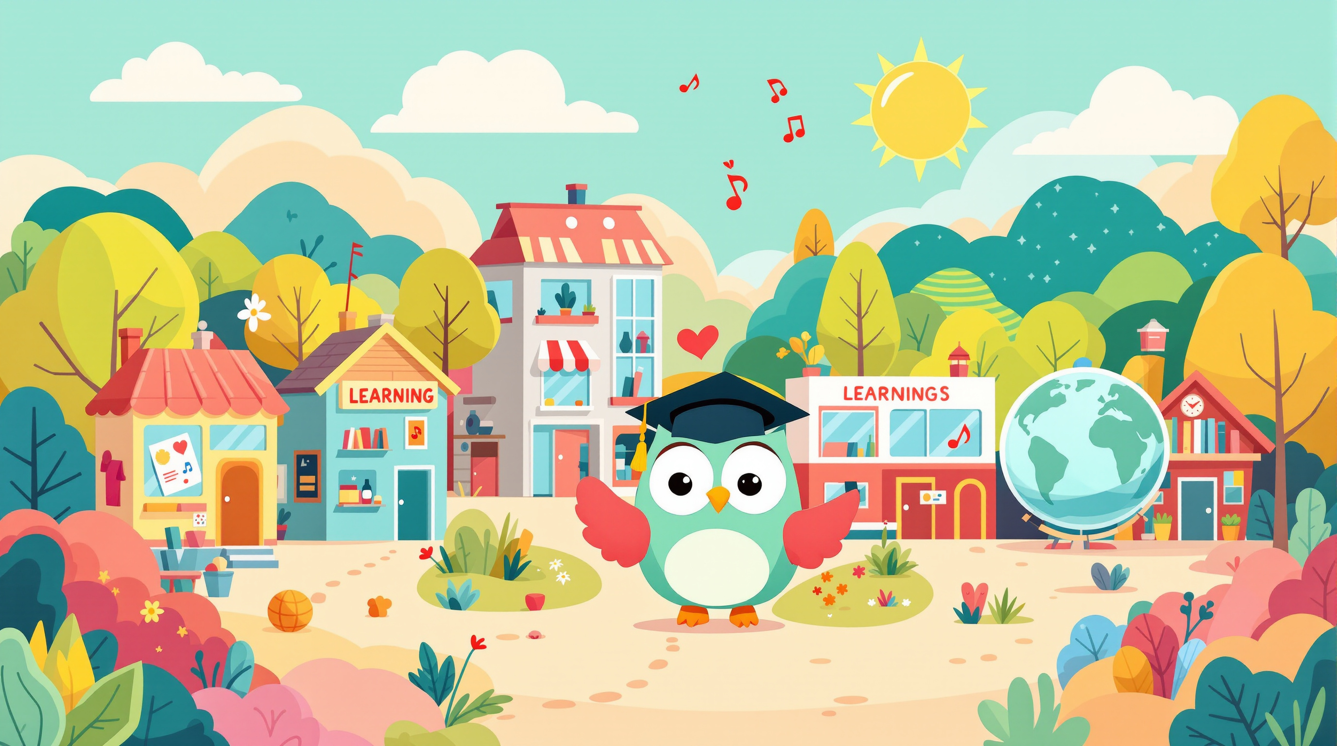 たくさんの学びのへやがある「楽しく学ぼう著作権」の町のイラスト